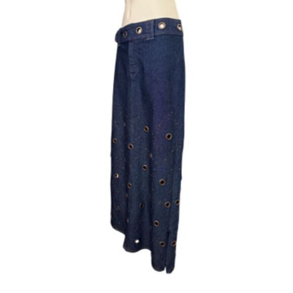 Jordache Vintage 90's Dark Blue Wash Denim Grommet Maxi Skirt Size 5 - Picture 4 of 14